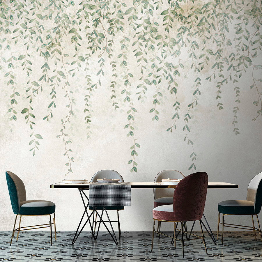 Fotomural Walls by Patel - Photo wallpaper »kerala« - Garland of leaves in front of concrete plaster structure - Smooth, slightly shiny premium non-woven fabric