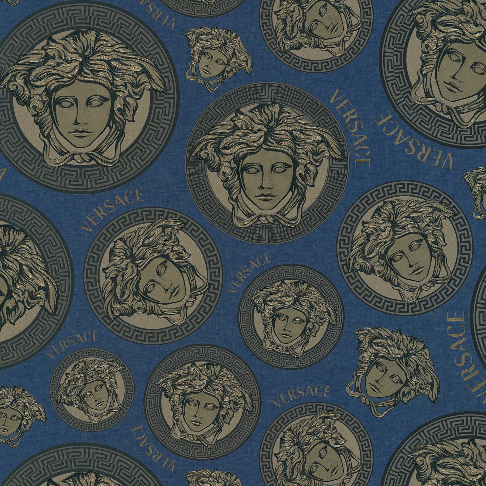 Papel Pintado VERSACE Azul Marino con Diseño de Medusa - Azul, Metálico