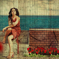 Fotomural Walls by Patel - Havana 3 - Beach promenade photo wallpaper in wood panel structure with holiday mood - Beige, Blue