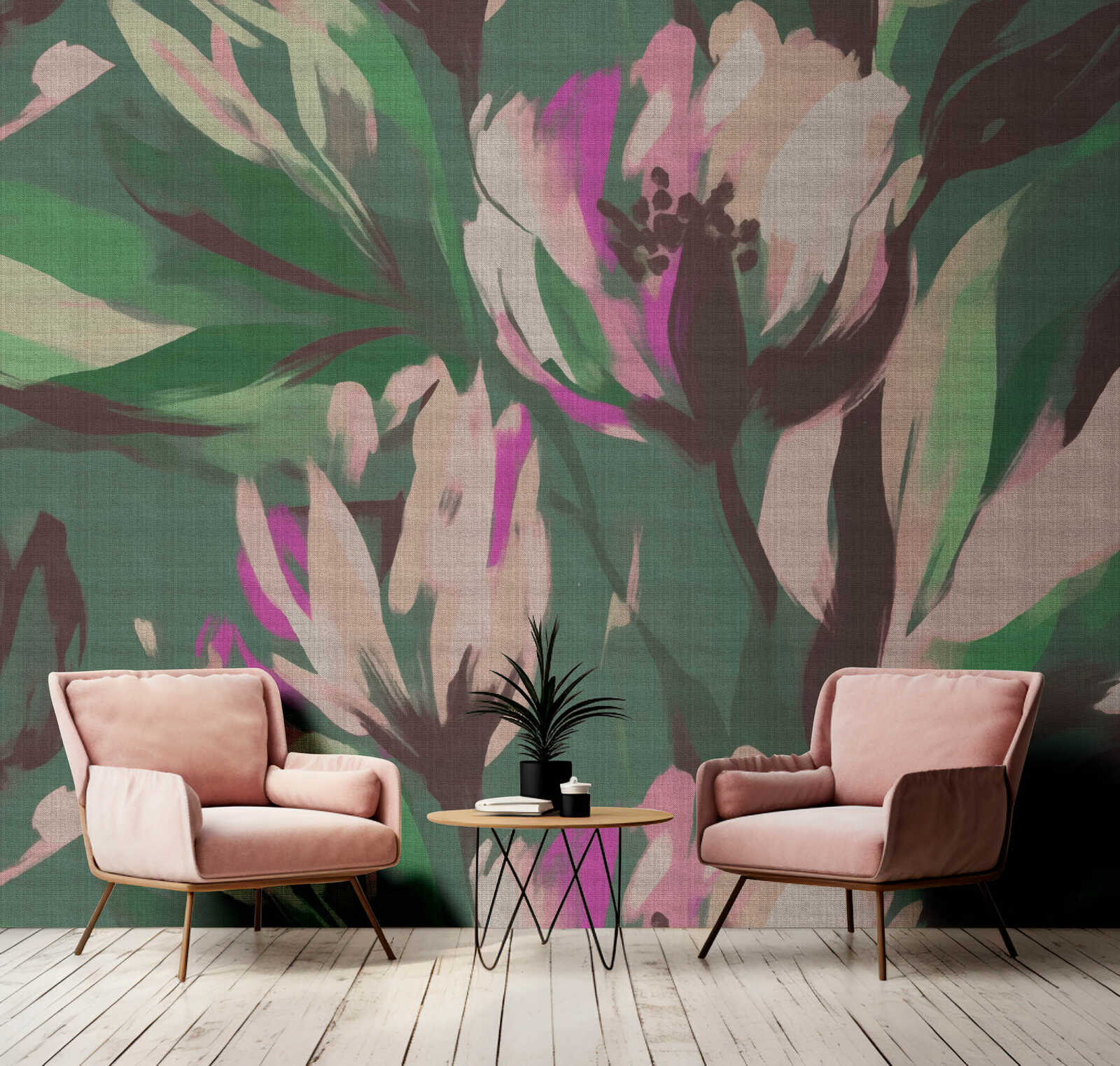 Fotomural Walls by Patel - blossom2 - Wallpaper mural abstract flowers in bold colours in textile look - green, cream