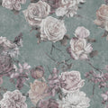 Fotomural Walls by Patel - Sleeping Beauty 2 - Vintage Style Rose Blossoms Wallpaper - Nature Linen Texture - Pink, Turquoise