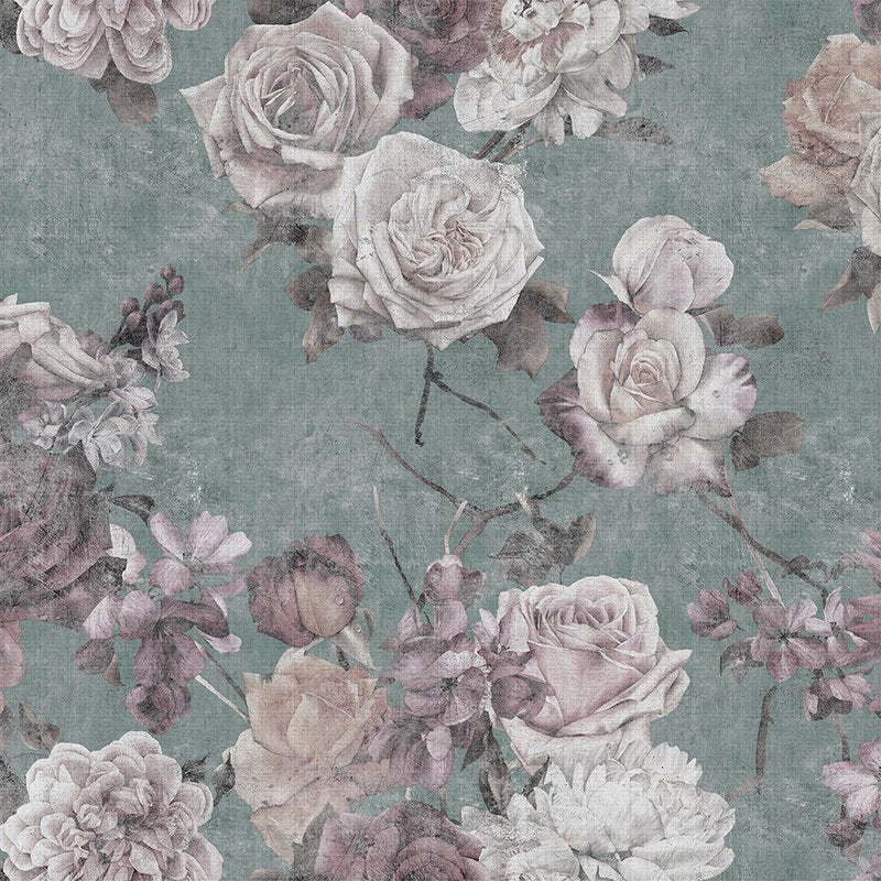 Fotomural Walls by Patel - Sleeping Beauty 2 - Vintage Style Rose Blossoms Wallpaper - Nature Linen Texture - Pink, Turquoise