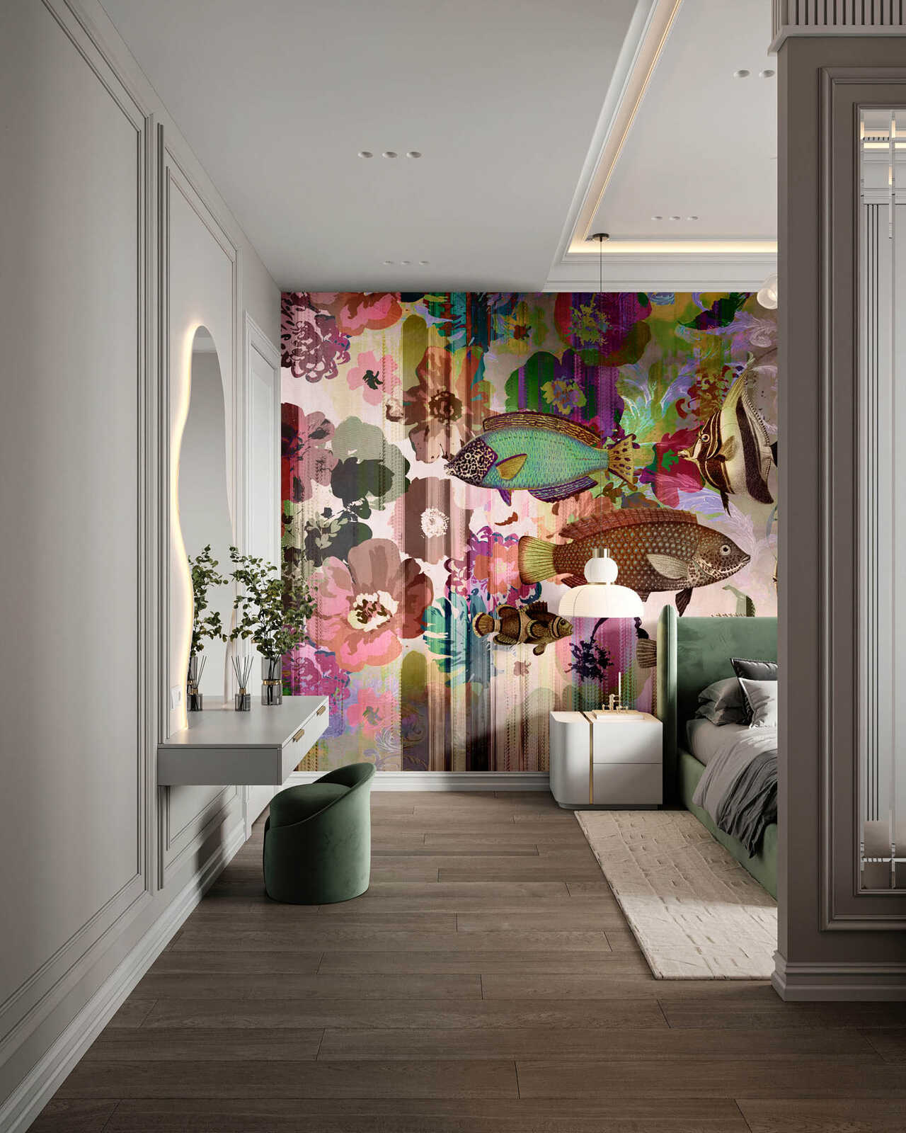 Fotomural Walls by Patel - rosalia1 - Abstract fish wallpaper with floral texture in textile look - pink, green
