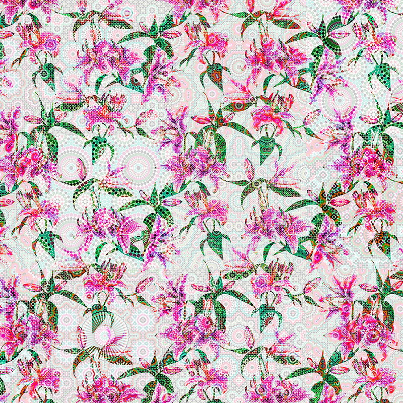 Fotomural Walls by Patel - Photo wallpaper lilies with colourful mosaic design - pink, green