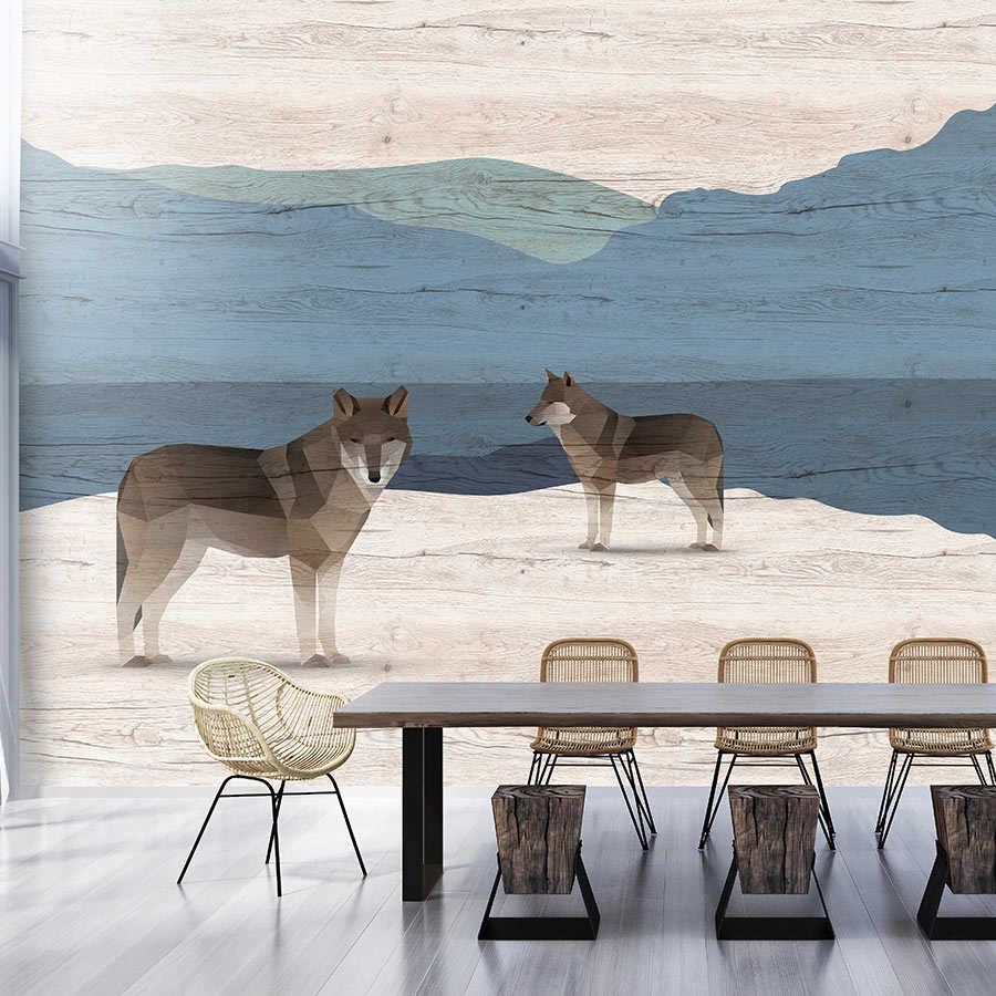 Fotomural Walls by Patel - Yukon 1 - mountains & dogs mural with wood texture