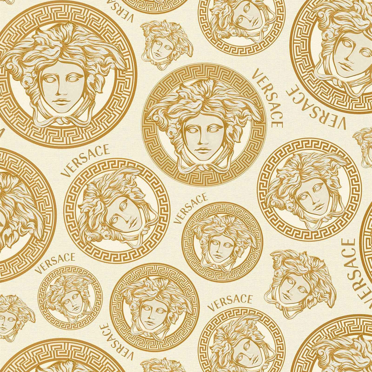 Papel pintado VERSACE diseño dorado con emblema de Medusa - crema
