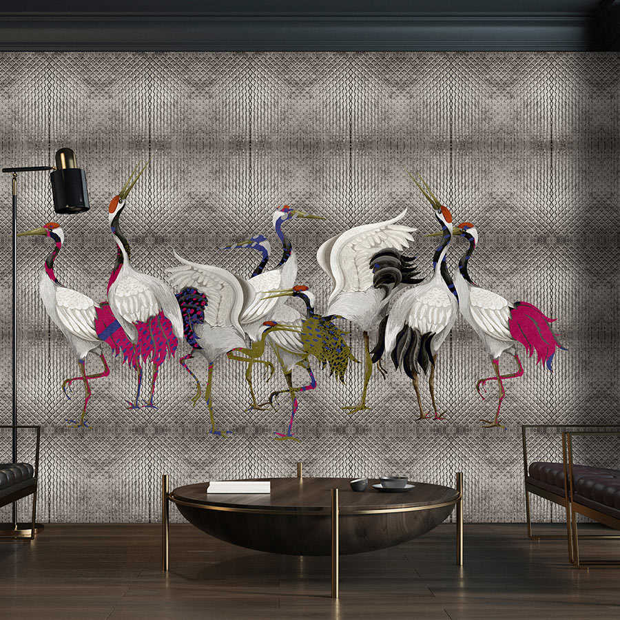 Fotomural Walls by Patel - Land of Happiness 3 - Metallic wall mural silver with colourful crane motif