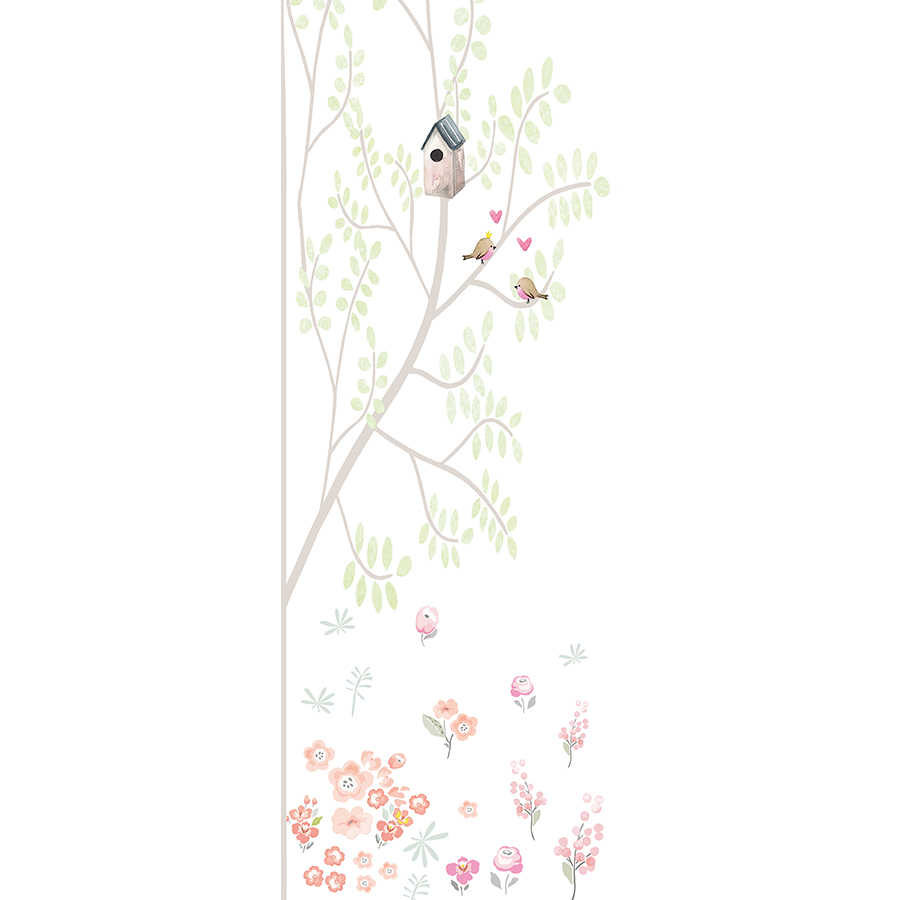 Fotomural Panel XXL 5 - Children mural tree with birdhouse in green and pink on premium smooth non-woven