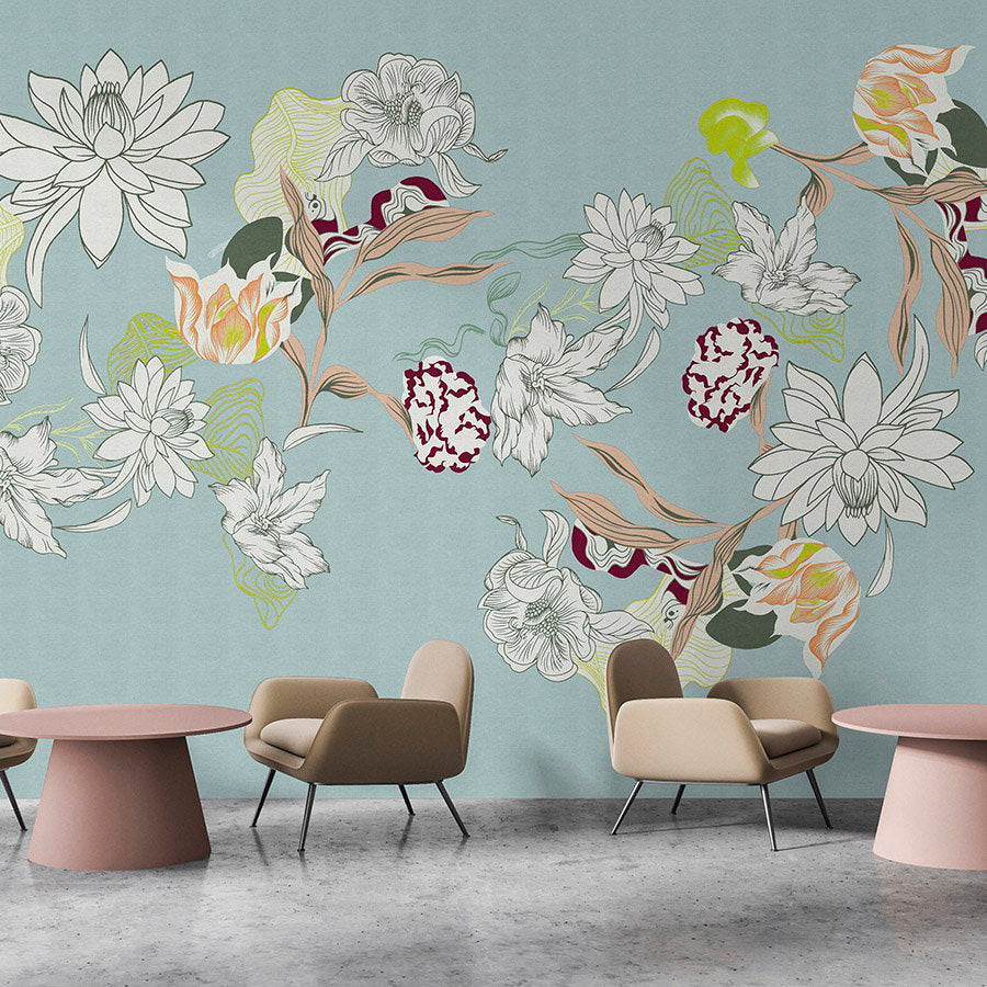Fotomural Walls by Patel - Photo wallpaper »botany 2« - Abstract floral motifs with green accents against a subtle linen texture - Smooth, slightly shiny premium non-woven fabric