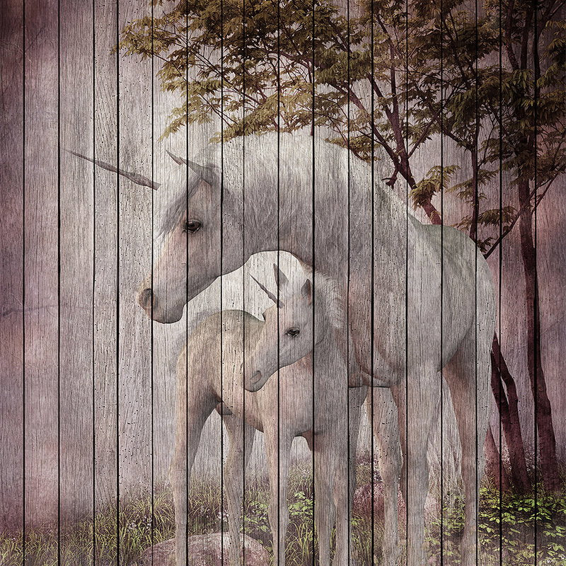 Fotomural Walls by Patel - Fantasy 4 - Unicorn & Wood Optic Wallpaper - Beige, Pink