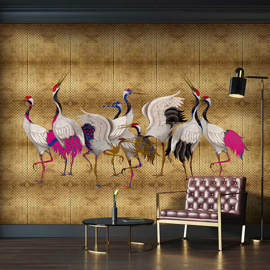 Fotomural Walls by Patel - Land of Happiness 1 - Metallic wall mural gold with colourful crane motif