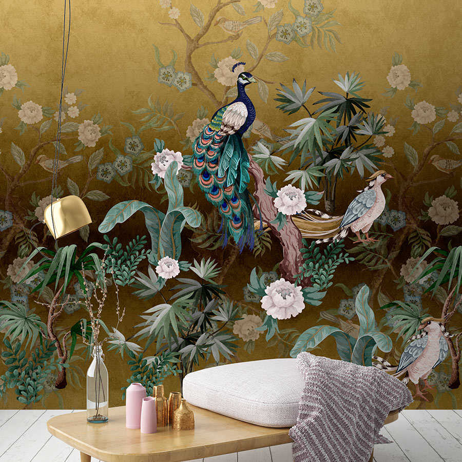 Fotomural Walls by Patel - Peacock Island 3 - Peacock garden gold mural with plants & flowers