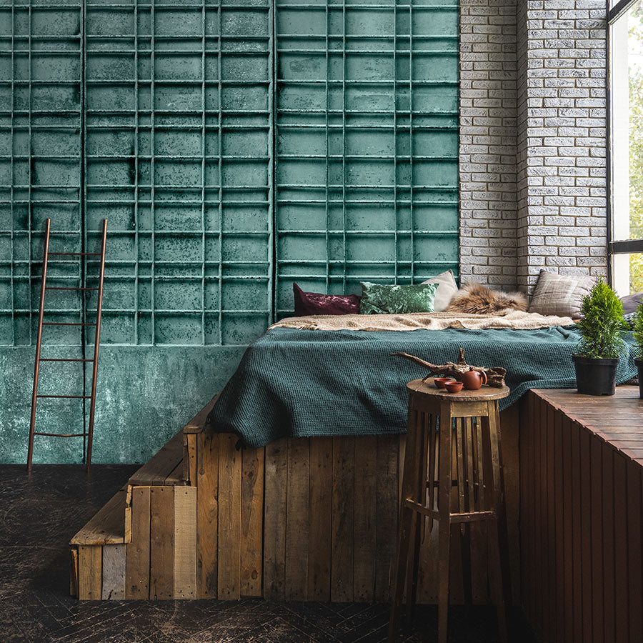 Fotomural Walls by Patel - Photo wallpaper »bangalore« - Close-up of a petrol-coloured metal gate with rectangular decorations - Smooth, slightly shiny premium non-woven fabric