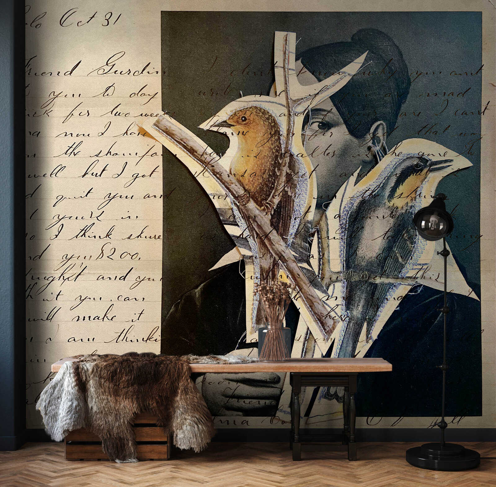 Fotomural Walls by Patel - script - Timeless portrait art with birds wallpaper - black, beige