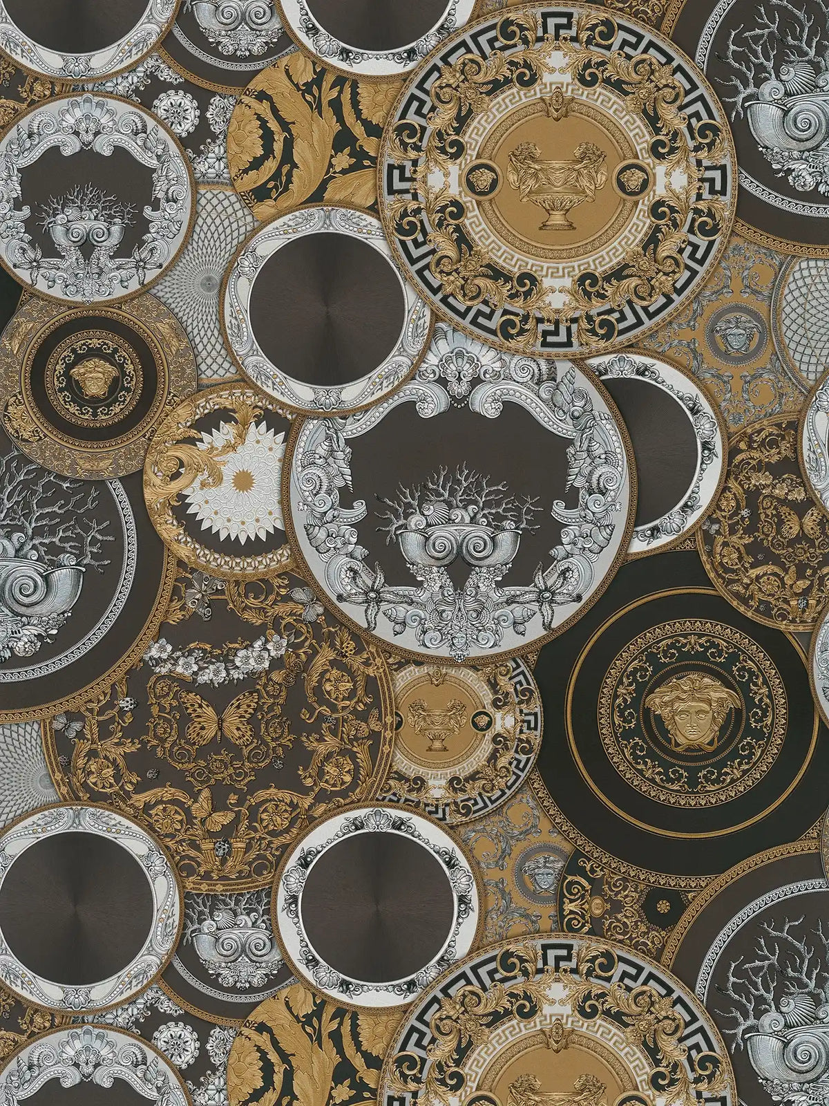 VERSACE Papel pintado no tejido con ornamentos artísticos redondos, brillante, ligeramente texturizado - negro, dorado, plateado