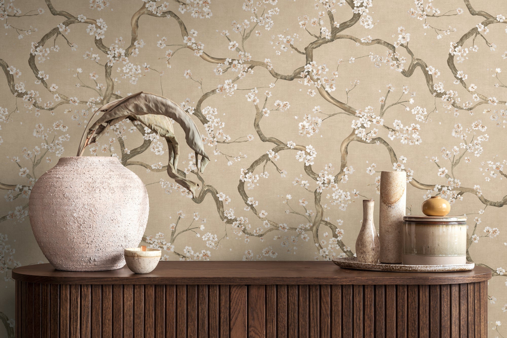 Hochwertige Vliestapete Beige Floral