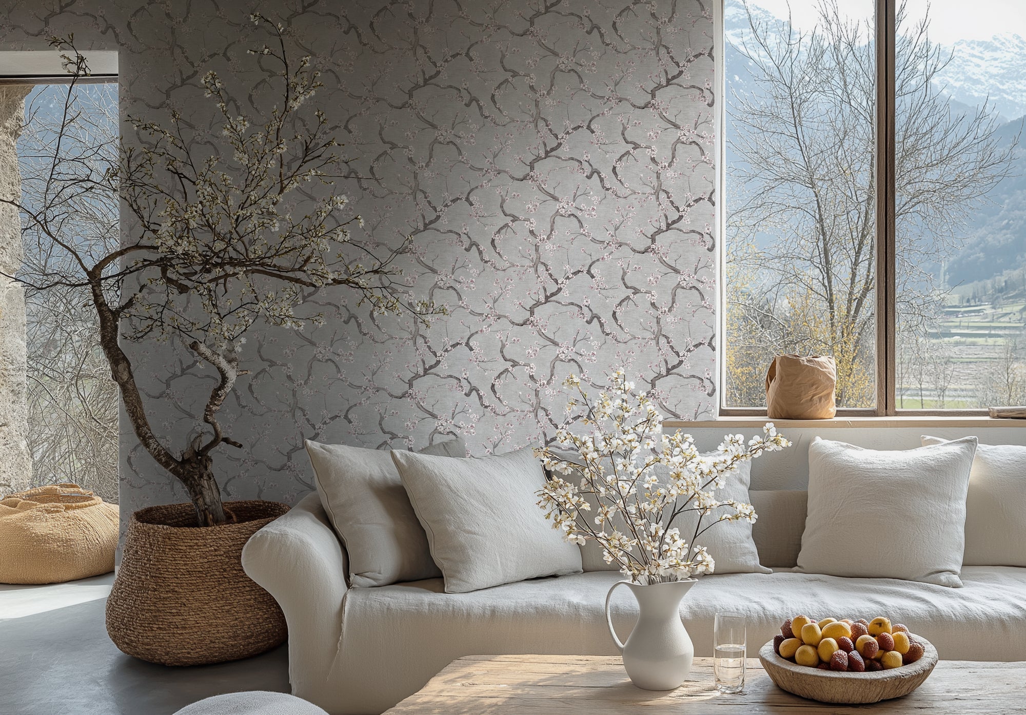 Hochwertige Vliestapete Grau Floral