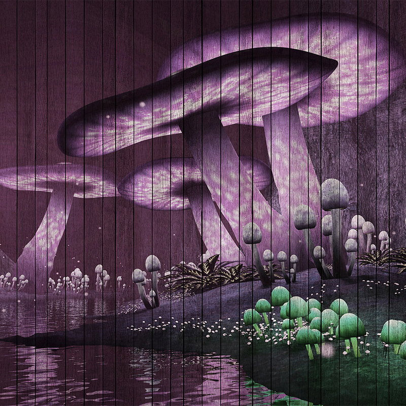 Fotomural Walls by Patel - Fantasy 2 - Magic Forest Wallpaper with Wooden Panel Structure - Green, Violet