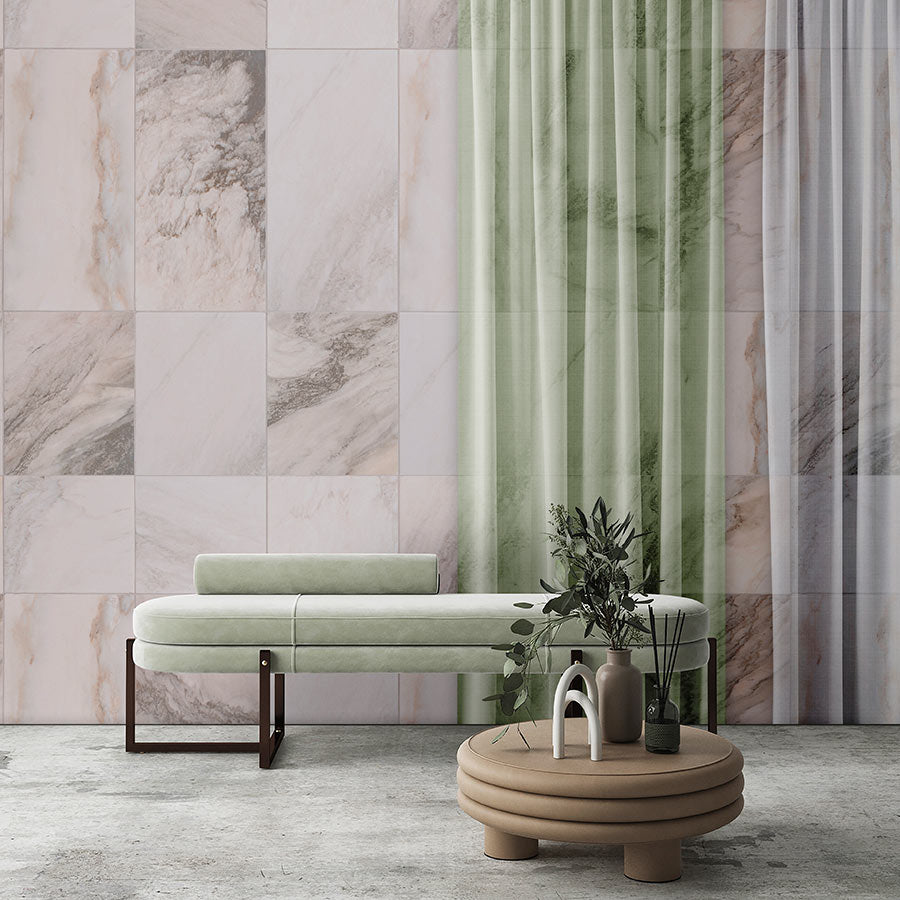Fotomural Walls by Patel - Photo wallpaper »nova 2« - Pastel-coloured curtains against a beige marble wall - Smooth, slightly shiny premium non-woven fabric