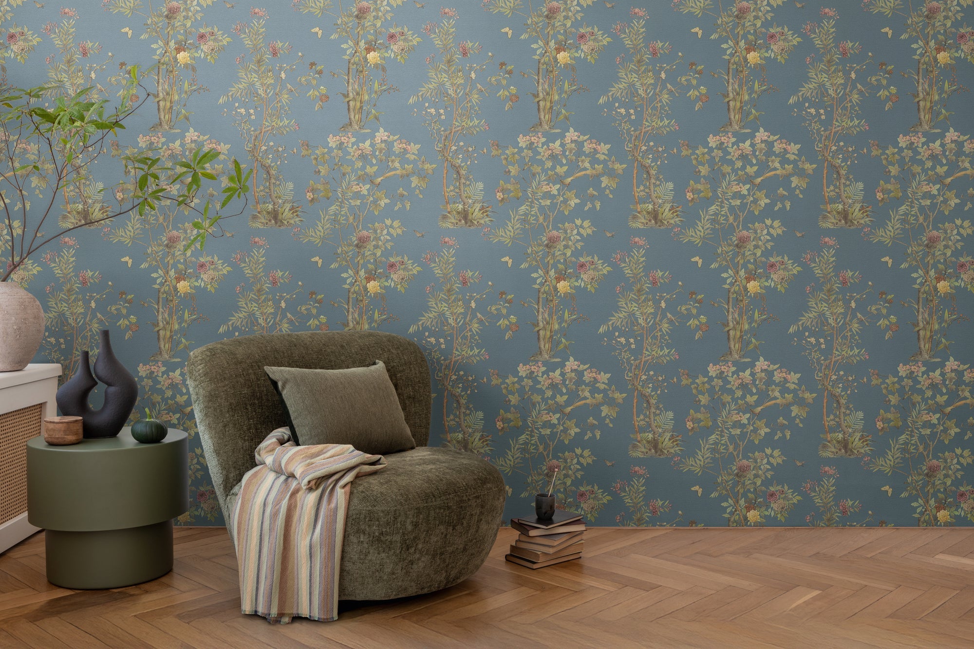 Hochwertige Vliestapete Blau Floral