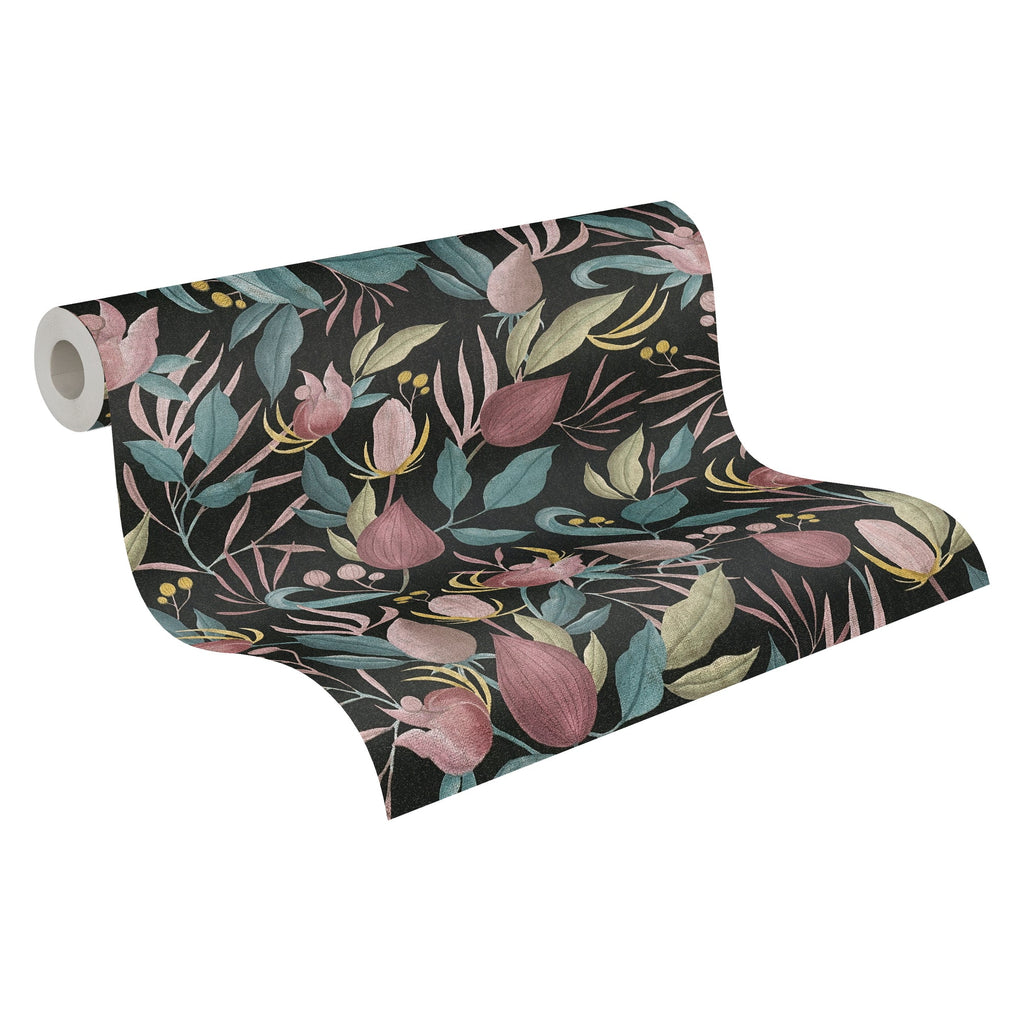 Hochwertige Vliestapete Schwarz Floral