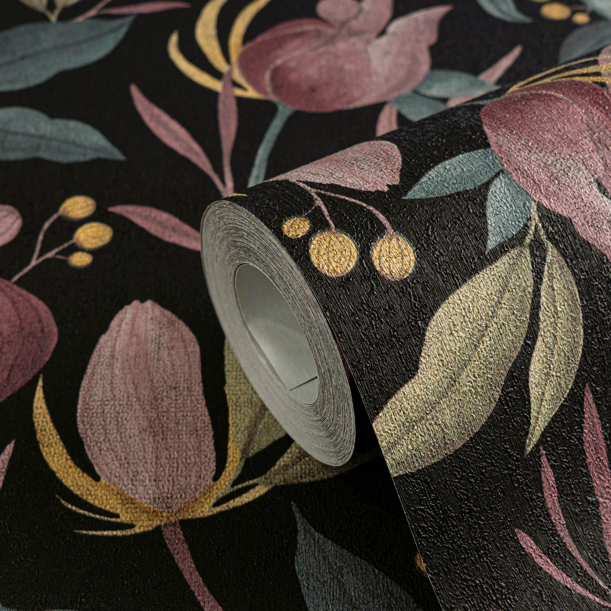 Hochwertige Vliestapete Schwarz Floral