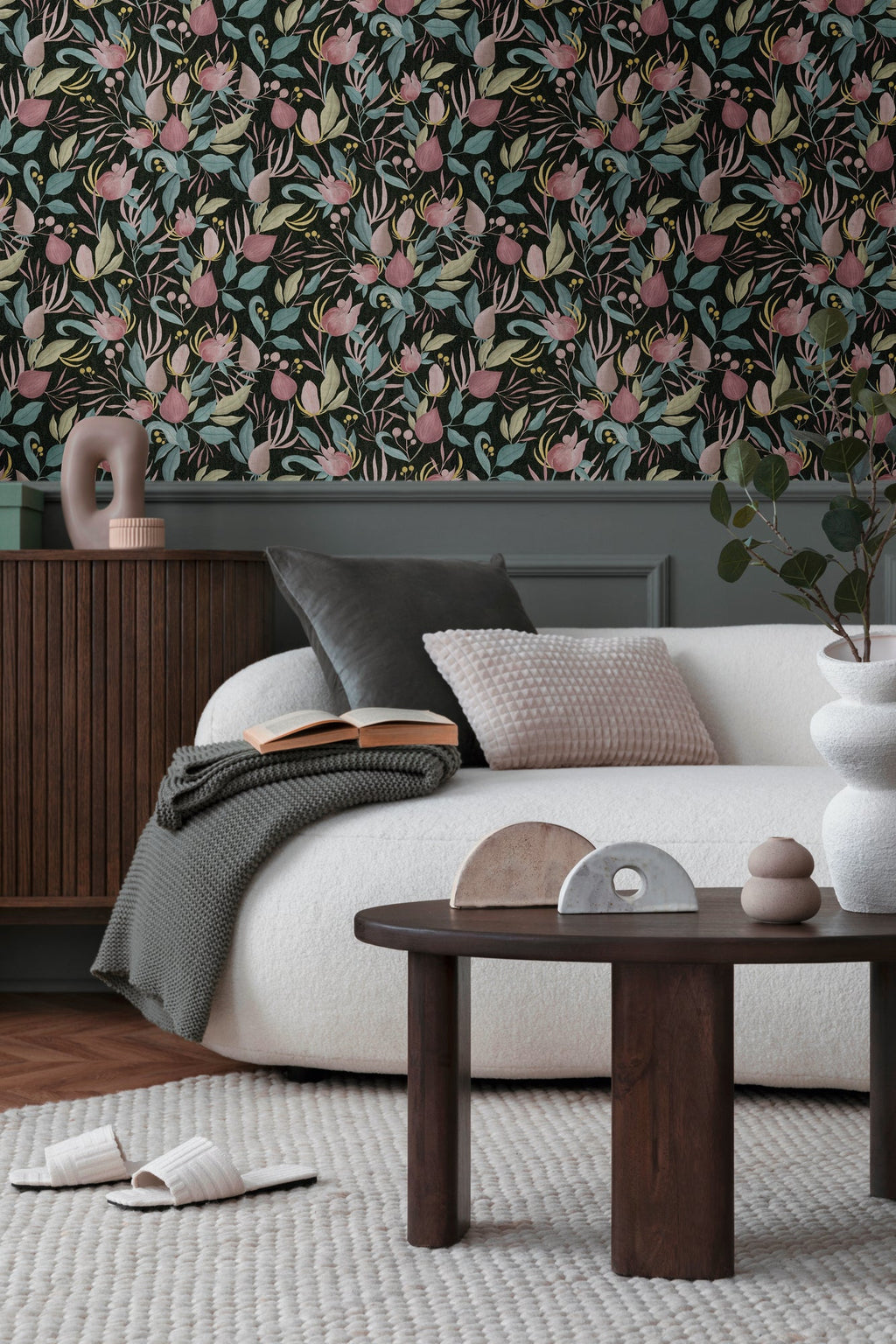 Hochwertige Vliestapete Schwarz Floral
