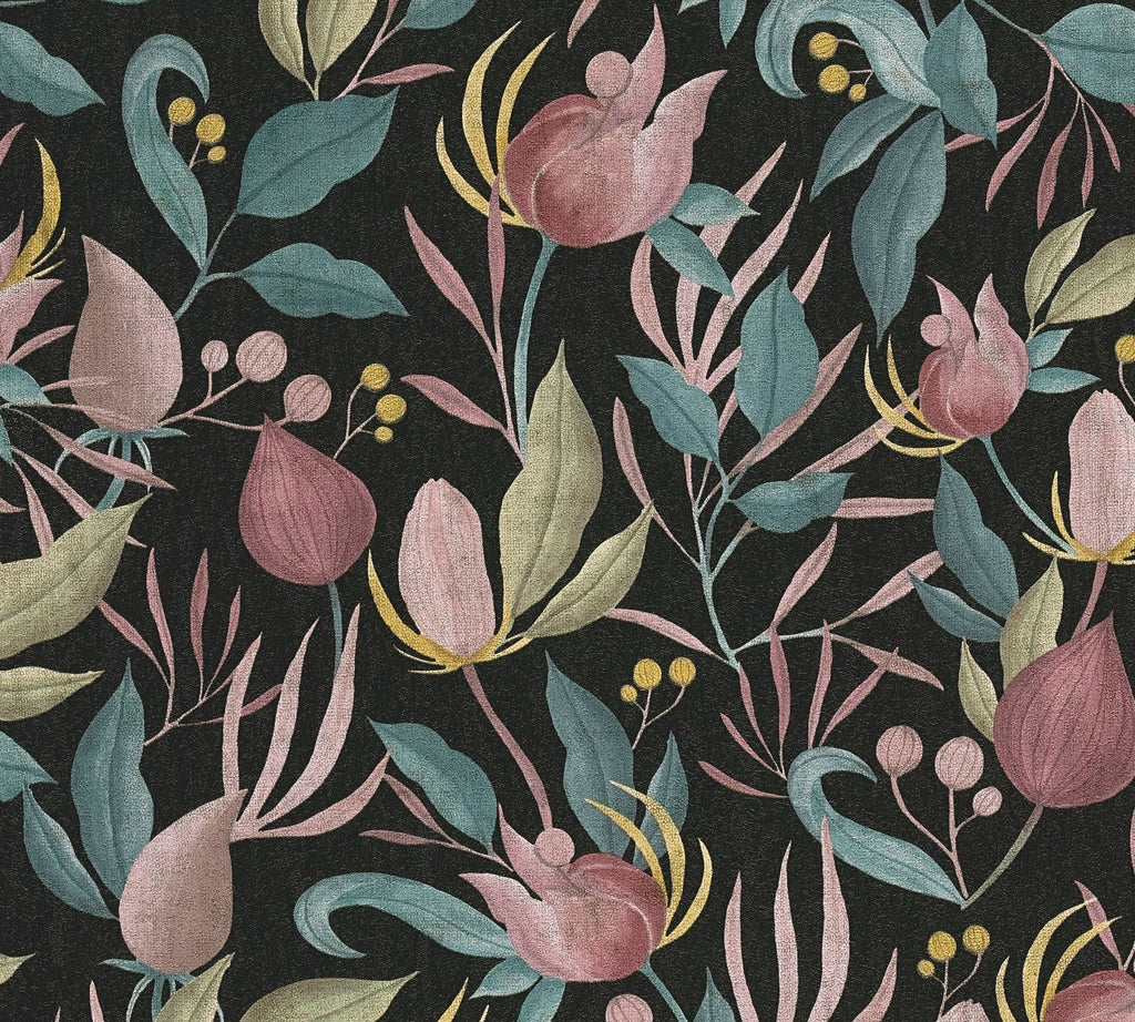 Hochwertige Vliestapete Schwarz Floral