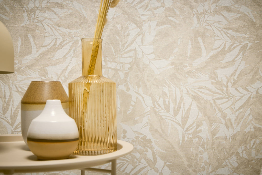 Hochwertige Vliestapete Beige Dschungel