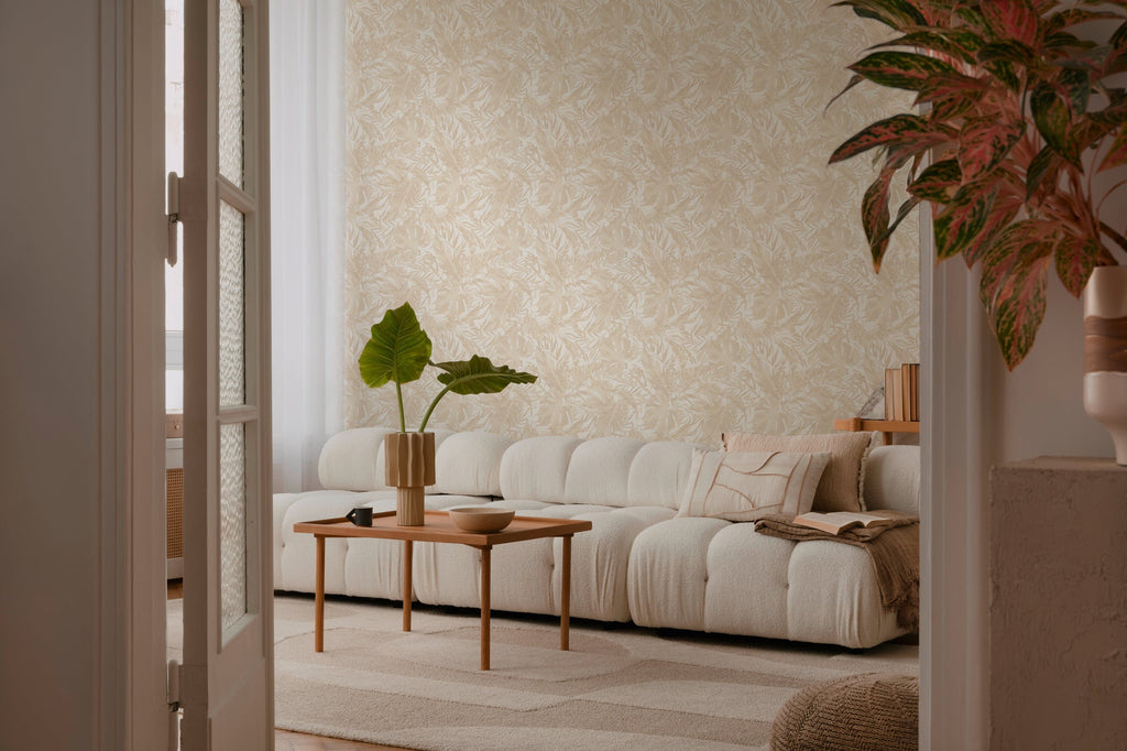 Hochwertige Vliestapete Beige Dschungel