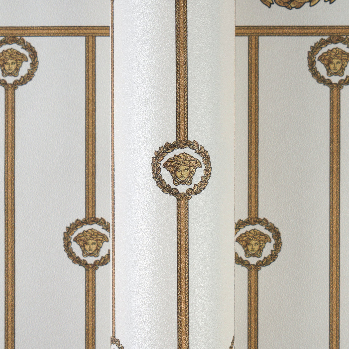 Papel pintado vinílico Versace 6 blanco cabeza de Medusa emblemática - Matex - Imagen 3