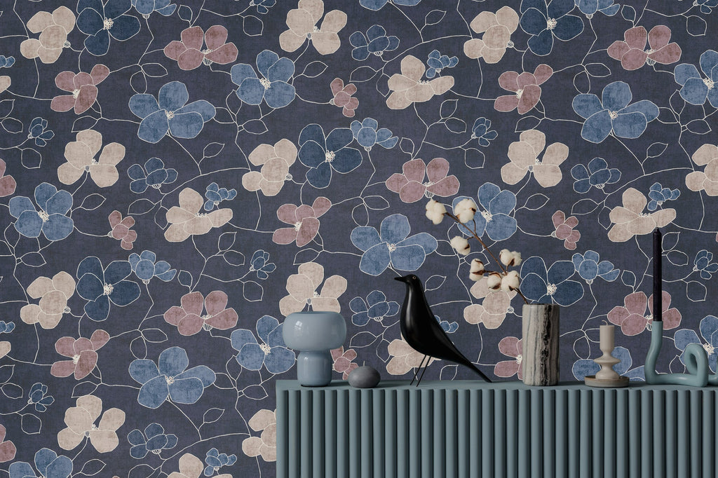 Hochwertige Vliestapete Blau Floral