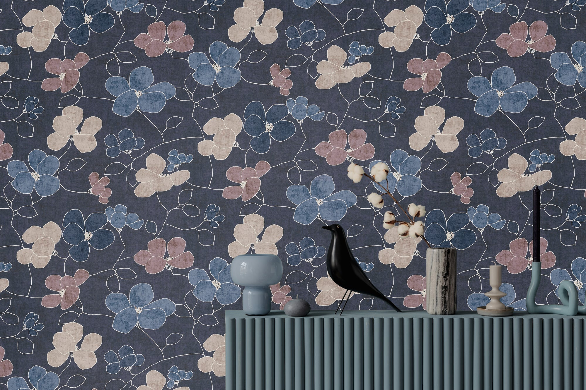 Hochwertige Vliestapete Blau Floral