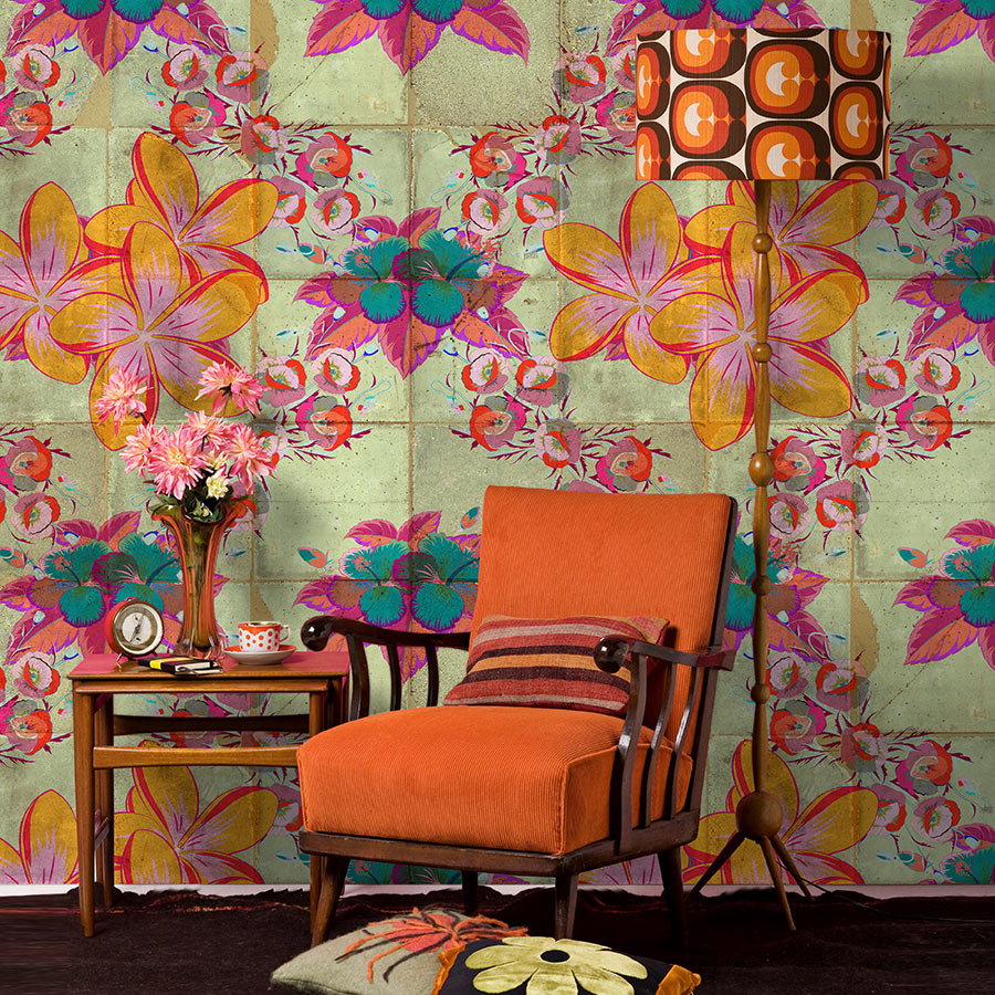 Fotomural Walls by Patel - Photo wallpaper »jolie« - Floral design with kaleidoscope effect on concrete tile structure - Smooth, slightly shiny premium non-woven fabric