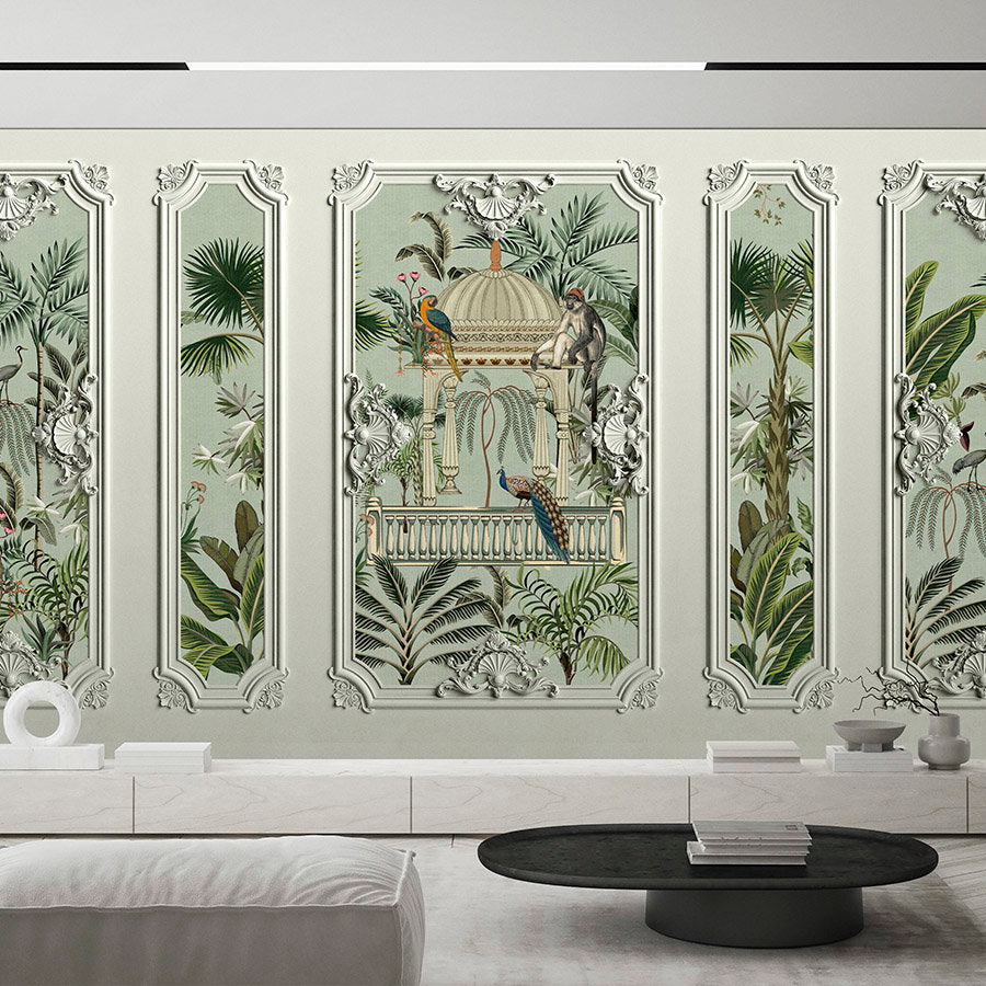 Fotomural Walls by Patel - Photo wallpaper »darjeeling« - Stucco frame look with birds & palm trees with linen texture in the background - Smooth, slightly shiny premium non-woven fabric