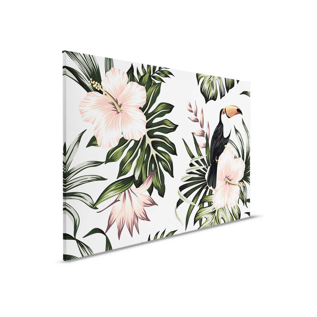 Lienzo con plantas selváticas y pelícano | Blanco, rosa, verde