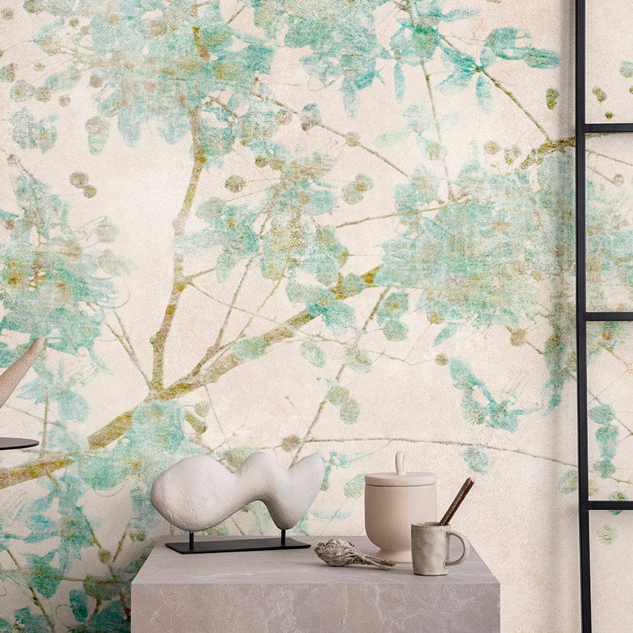 Fotomural Walls by Patel - Photo wallpaper »nikko« - Branches in pale colours with vintage plaster texture in the background - Smooth, slightly shiny premium non-woven fabric