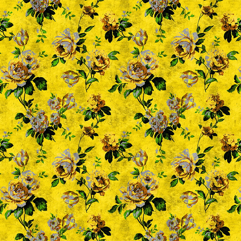 Fotomural Walls by Patel - Wild roses 5 - Roses photo wallpaper in scratchy structure in retro look, Yellow - Yellow, Green
