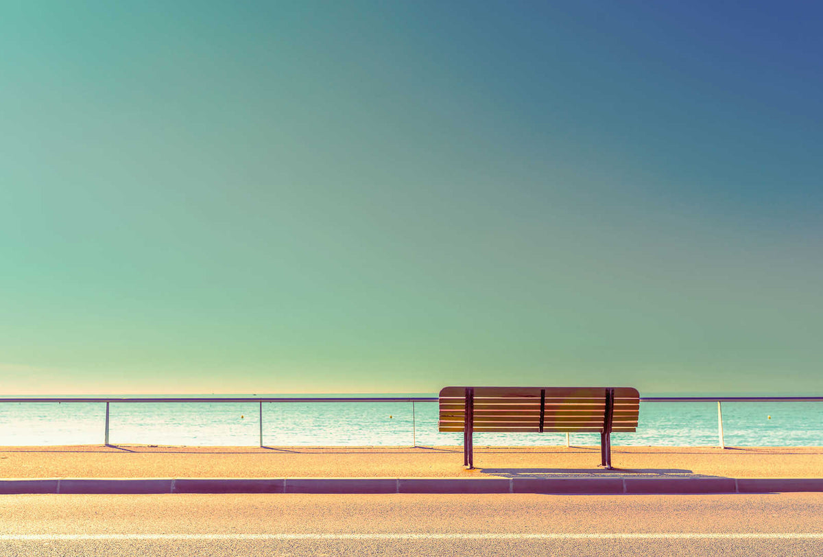 Fotomural Photo wallpaper bench by the lake - purple, cream, yellow - DD Motive 2