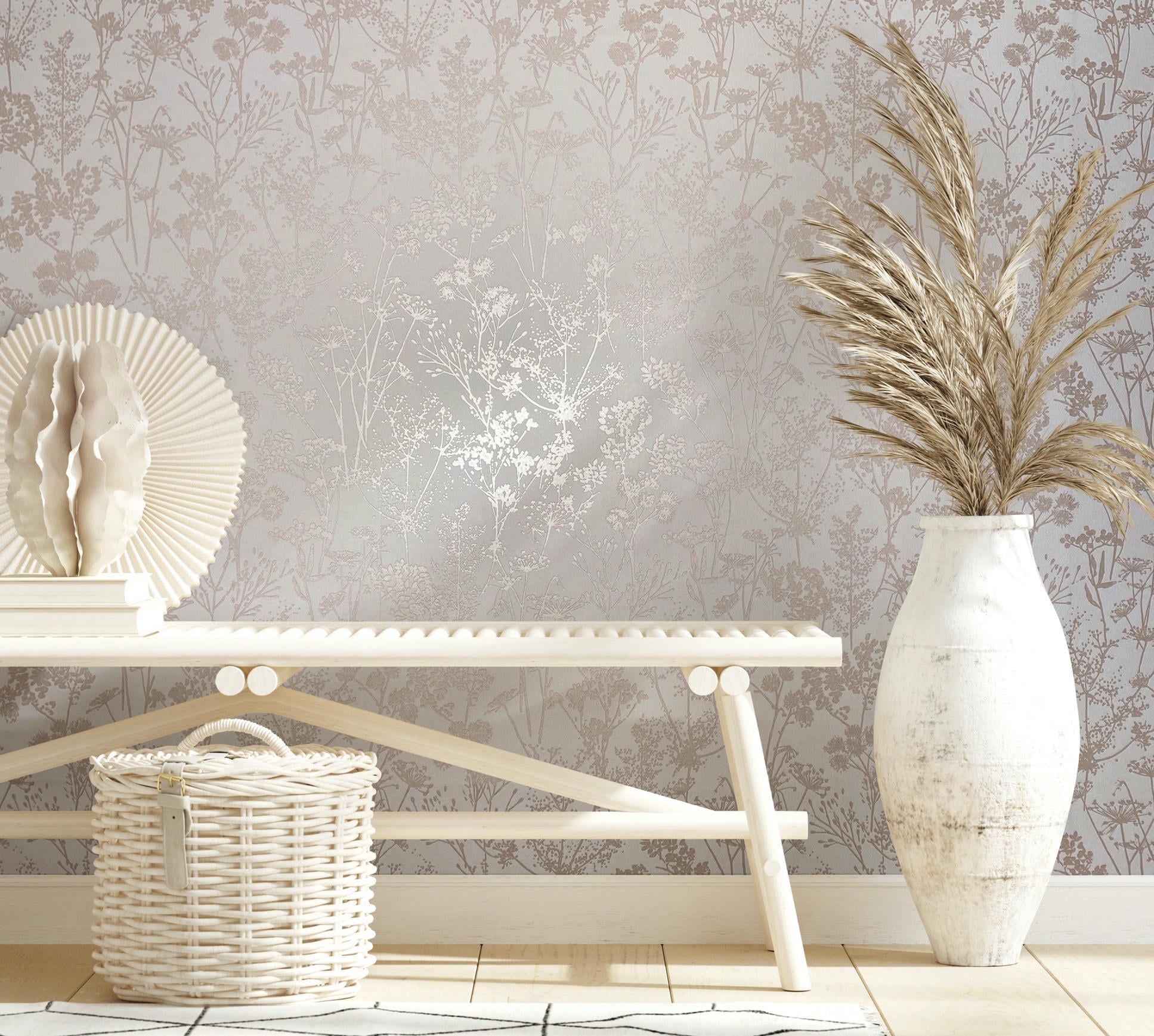 Vliestapete weiß, beige pflanzen