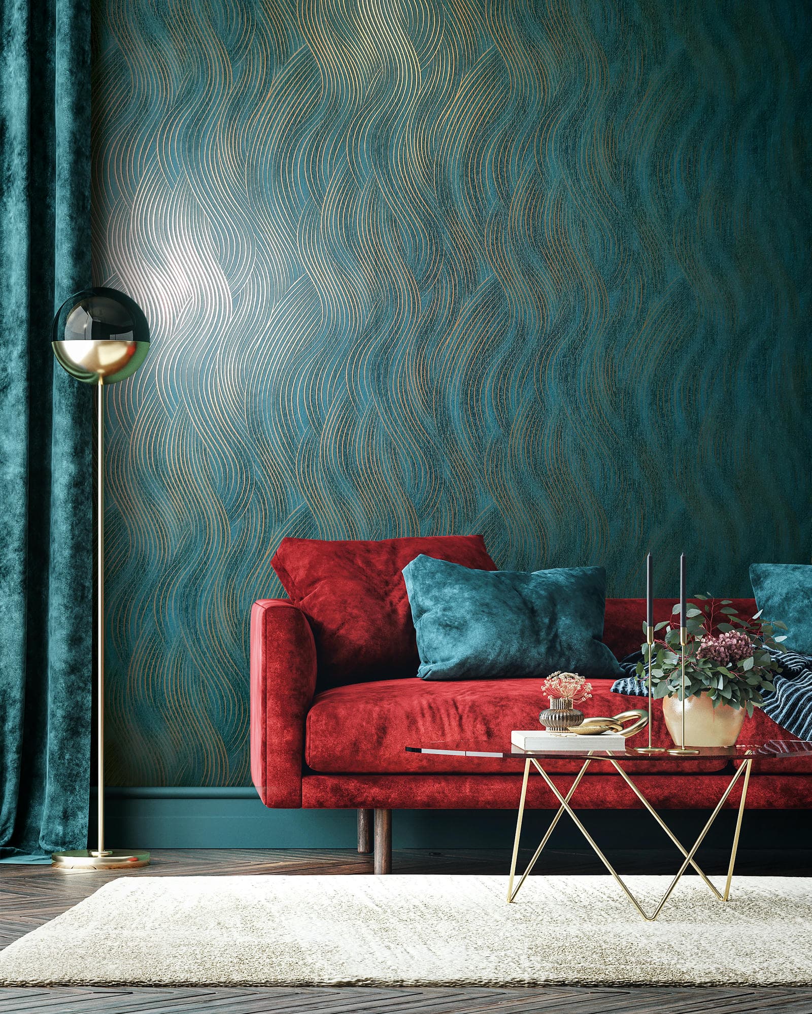 Vliestapete grün, gold grafik