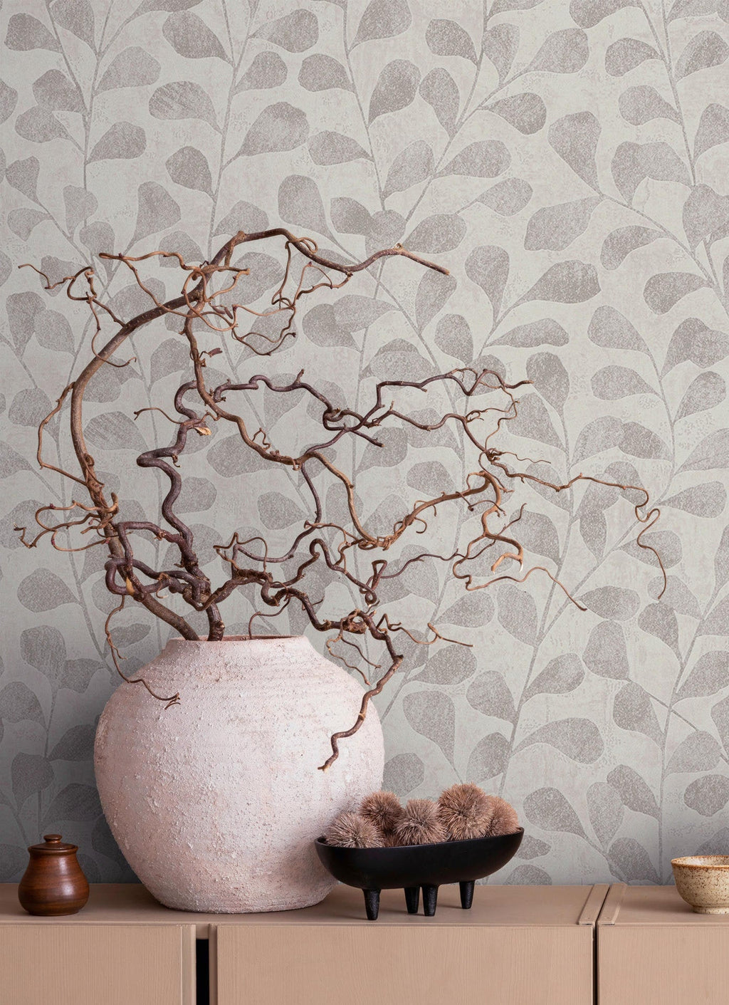 Vliestapete grau, beige pflanzen