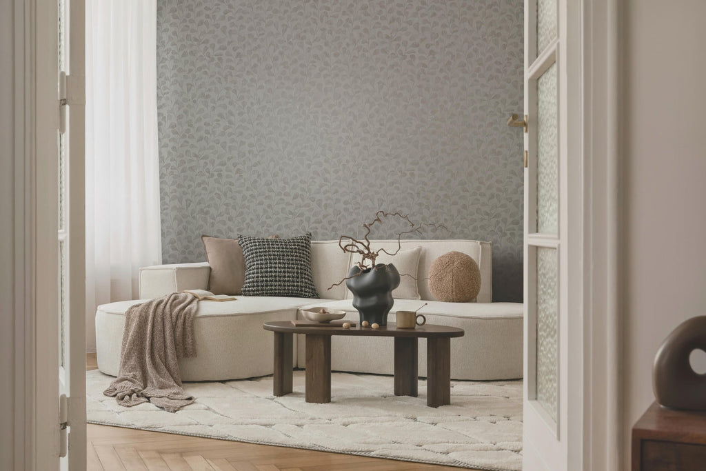 Vliestapete grau, beige pflanzen
