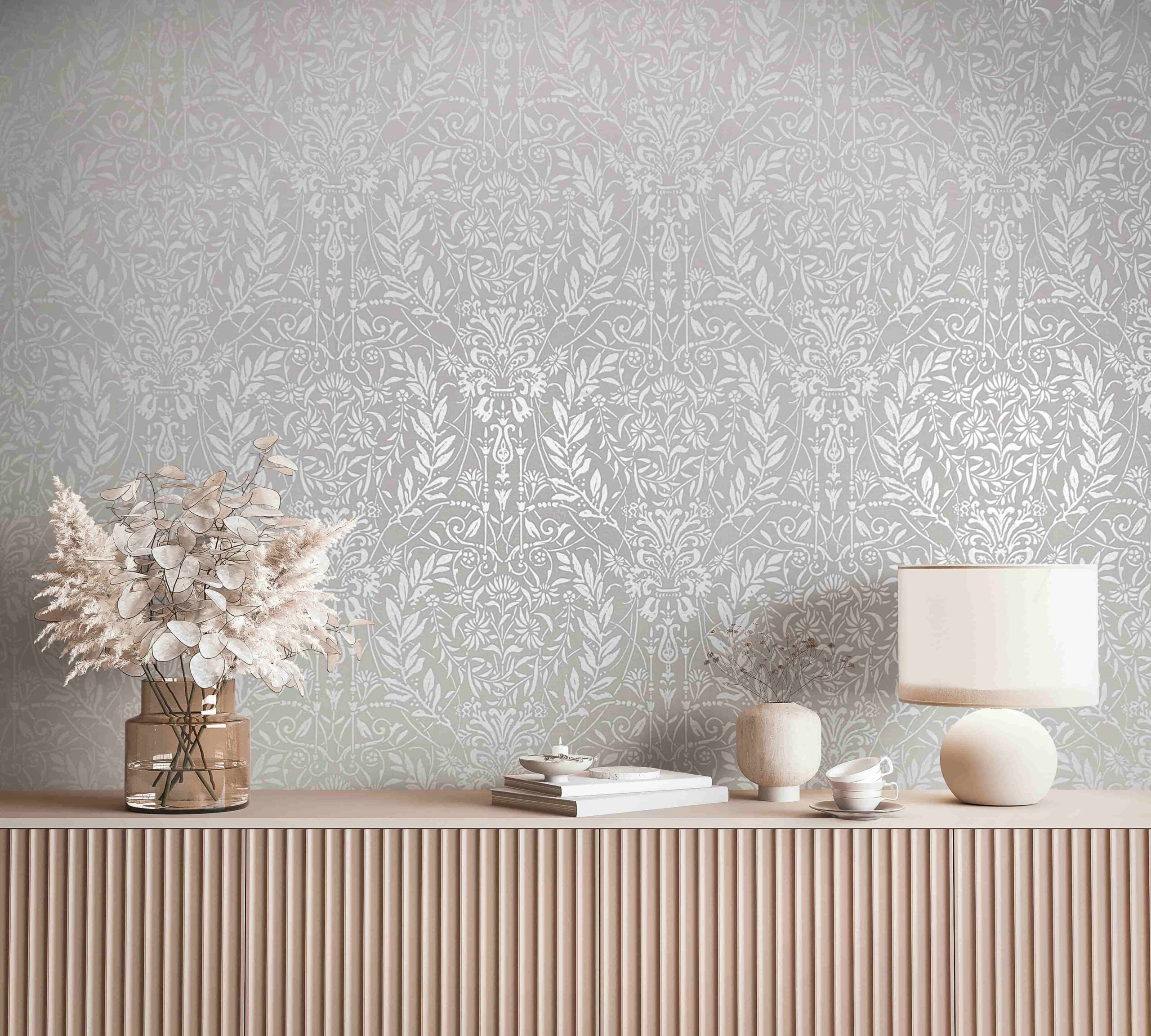 Vliestapete grau, beige pflanzen