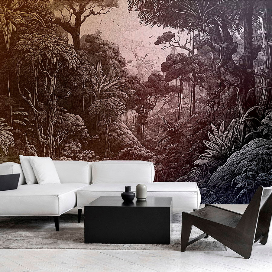 Fotomural Walls by Patel - Photo wallpaper »liana« - Jungle design with colour gradient - orange, violet, grey-green