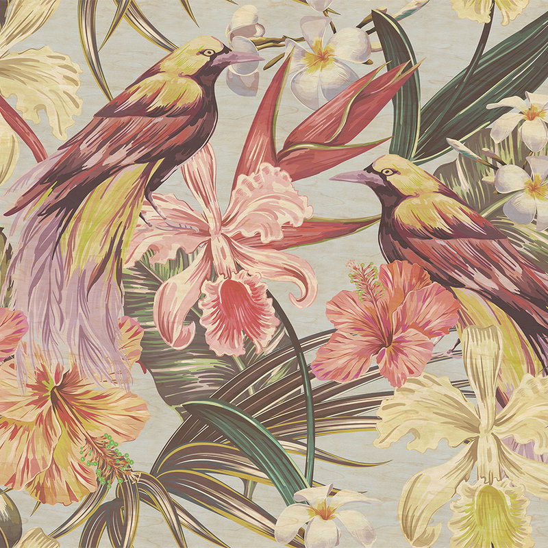 Fotomural Walls by Patel - Exotic birds 1 - Exotic birds and flowers wallpaper in plywood structure - Beige, Pink