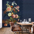 Fotomural Walls by Patel - Cortina 2 - Dark blue photo wallpaper art deco pattern with bouquet of flowers