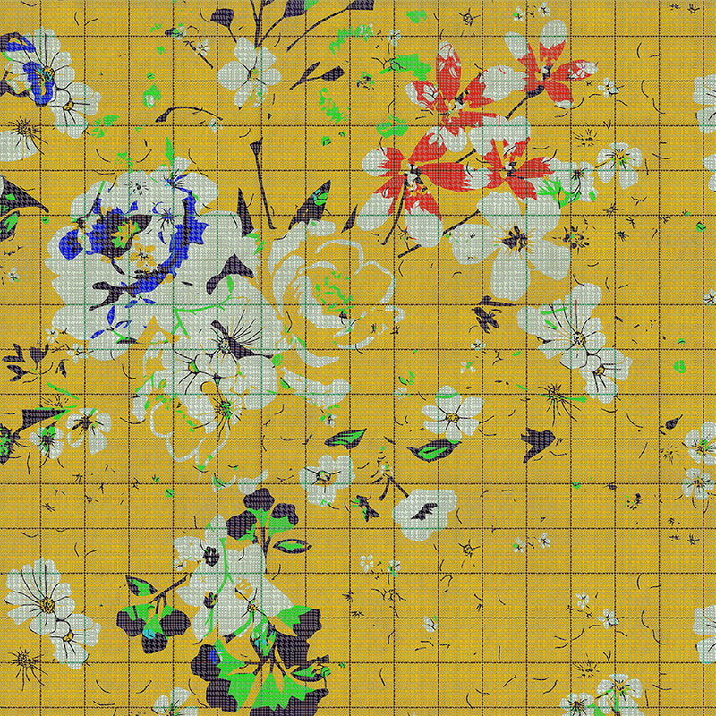 Fotomural Walls by Patel - Flower plaid 1 - Photo wallpaper colourful flower mosaic yellow with chequered look - Blue, Yellow