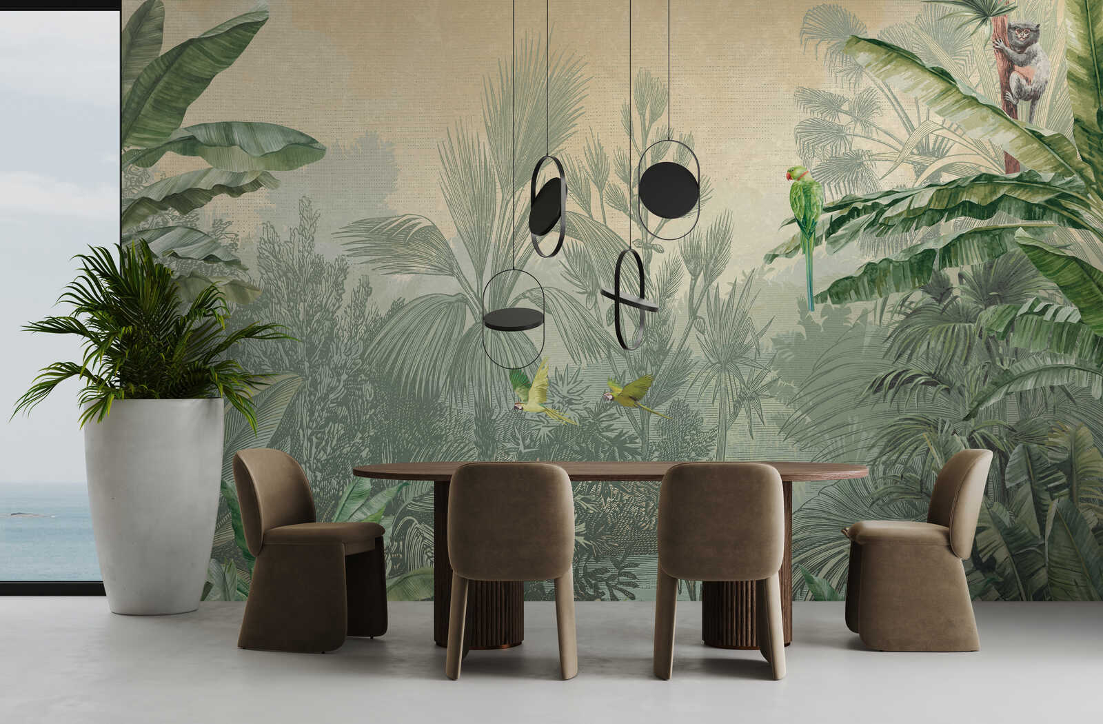 Fotomural Green mural jungle palm trees & parrots in drawing style - Cuba