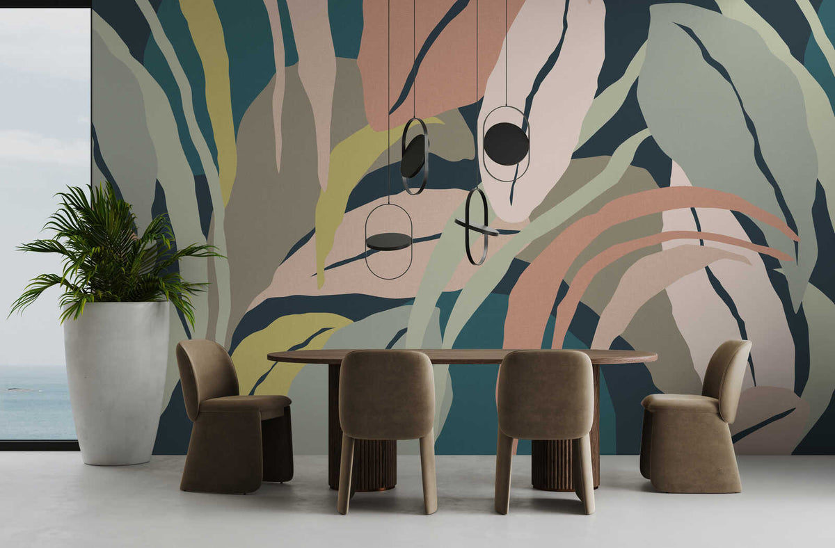 Fotomural Abstract Leaf Pattern Wallpaper - Beige, Multicoloured - Premium Smooth Nonwoven - Antigua